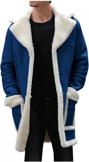 Mens Casual Sherpa Fleece Lined Jackets Winter Warm Fur Collar Long Trench Coats Big and Tall Outwears with Pockets