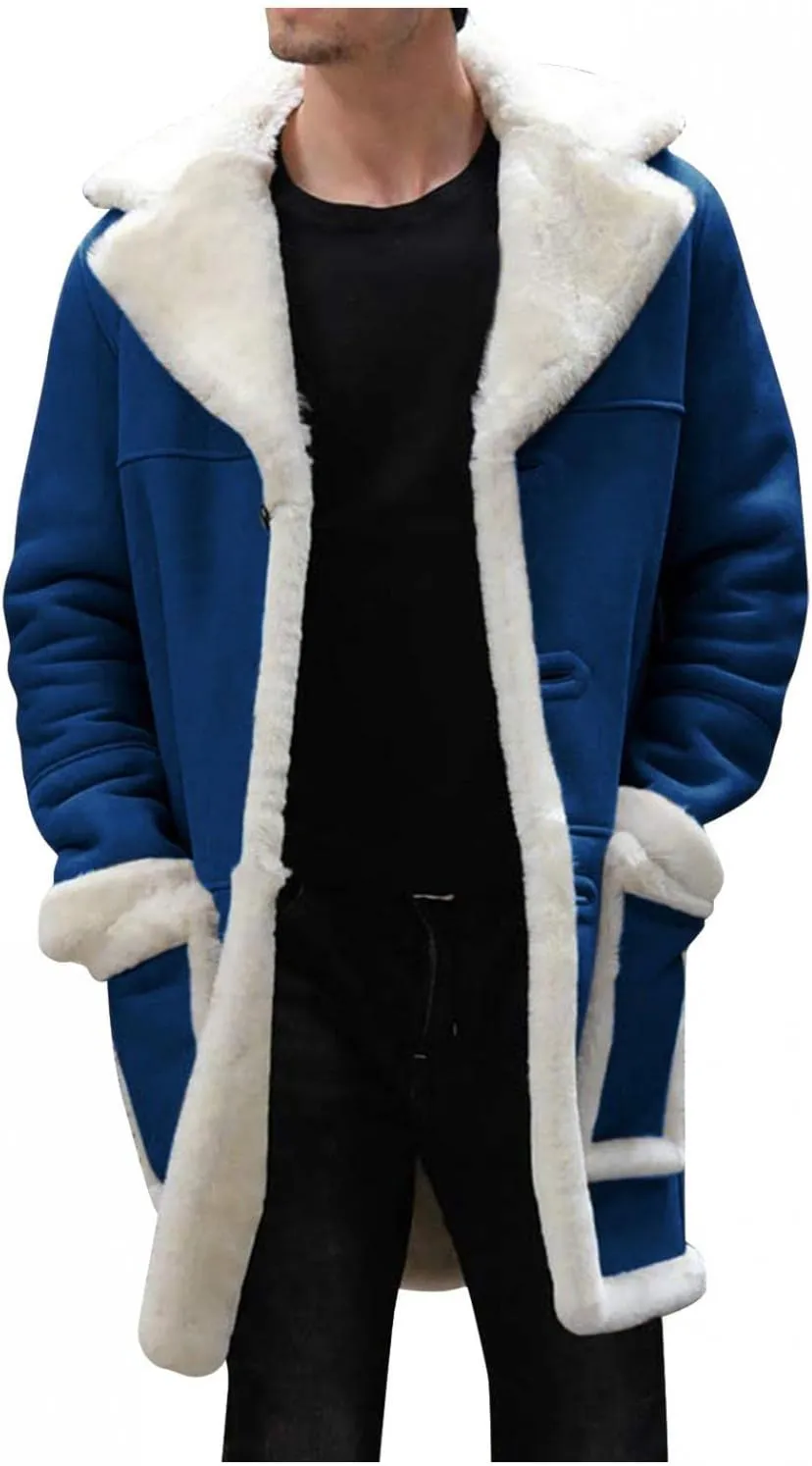 Mens Casual Sherpa Fleece Lined Jackets Winter Warm Fur Collar Long Trench Coats Big and Tall Outwears with Pockets
