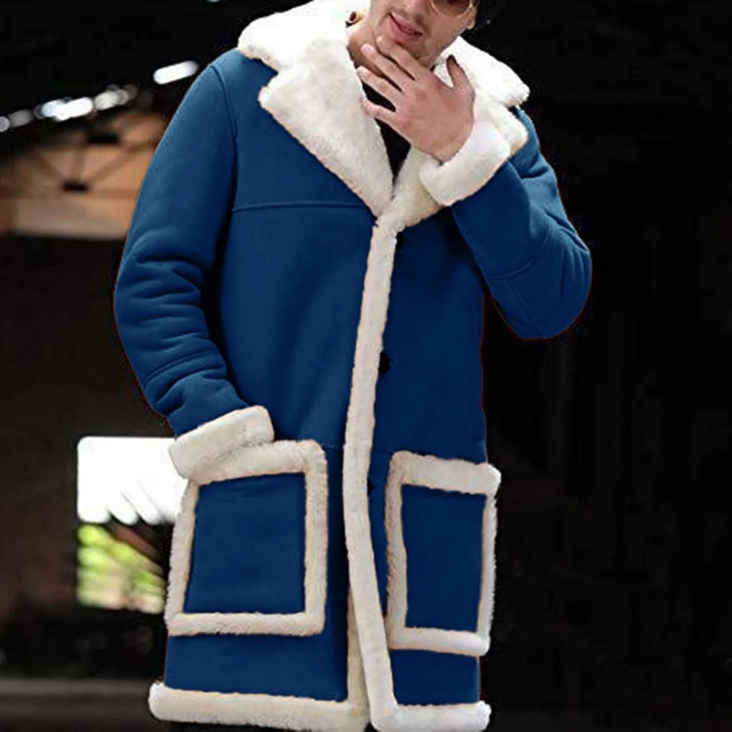 Mens Casual Sherpa Fleece Lined Jackets Winter Warm Fur Collar Long Trench Coats Big and Tall Outwears with Pockets