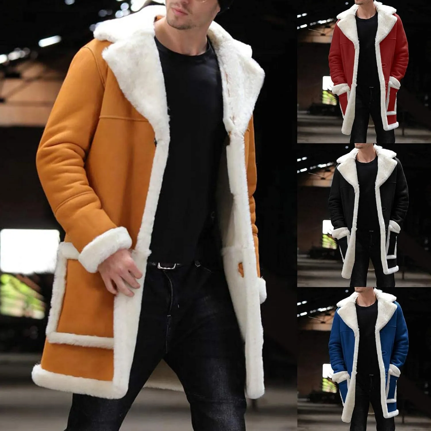 Mens Casual Sherpa Fleece Lined Jackets Winter Warm Fur Collar Long Trench Coats Big and Tall Outwears with Pockets