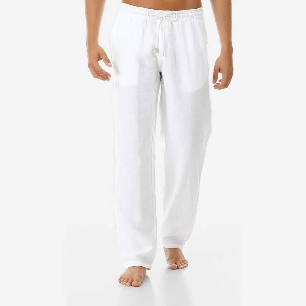 Mens Cotton Linen Drawstring Pant Loose Fit Straight Leg Casual Pants for Men Classic Elastic Solid Beach Resort Trousers