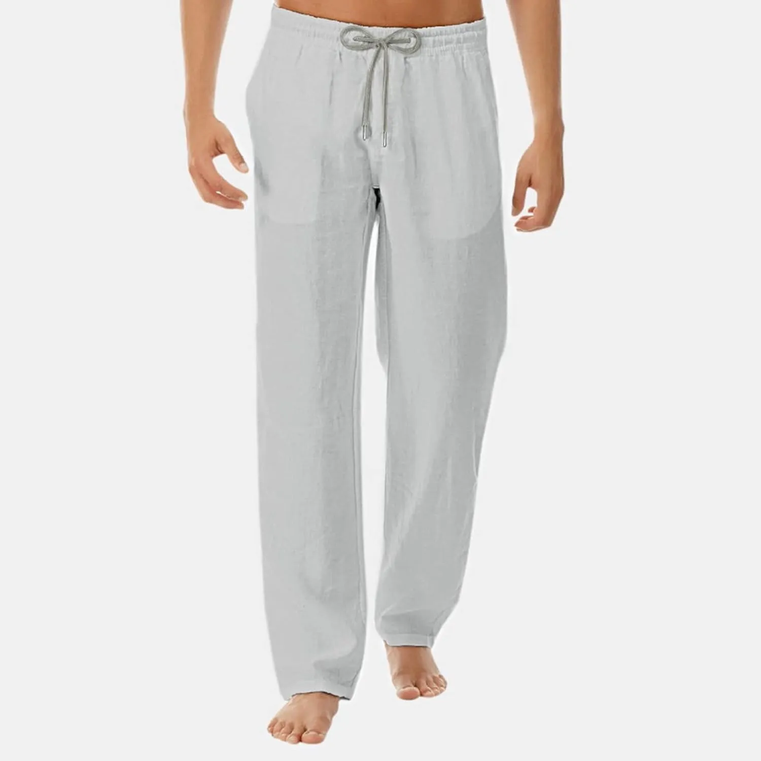 Mens Cotton Linen Drawstring Pant Loose Fit Straight Leg Casual Pants for Men Classic Elastic Solid Beach Resort Trousers