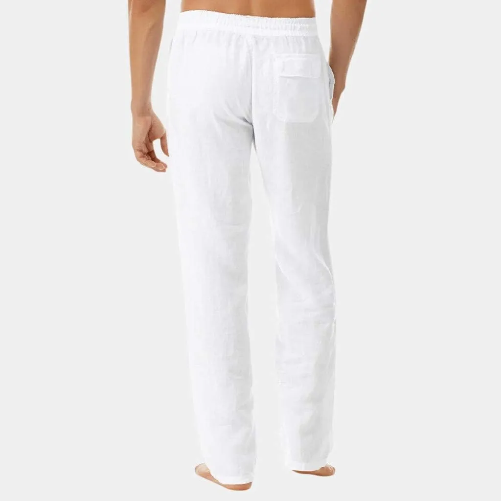 Mens Cotton Linen Drawstring Pant Loose Fit Straight Leg Casual Pants for Men Classic Elastic Solid Beach Resort Trousers