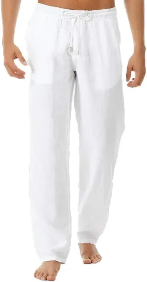 Mens Cotton Linen Drawstring Pant Loose Fit Straight Leg Casual Pants for Men Classic Elastic Solid Beach Resort Trousers