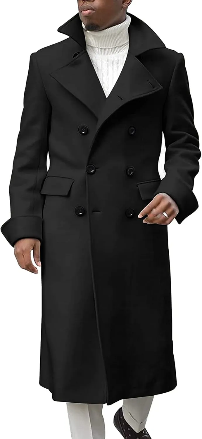 Men's Double Breasted Long Trench Coat Winter Notch Lapel Windbreaker Overcoat Casual Slim Business Pea Jacket