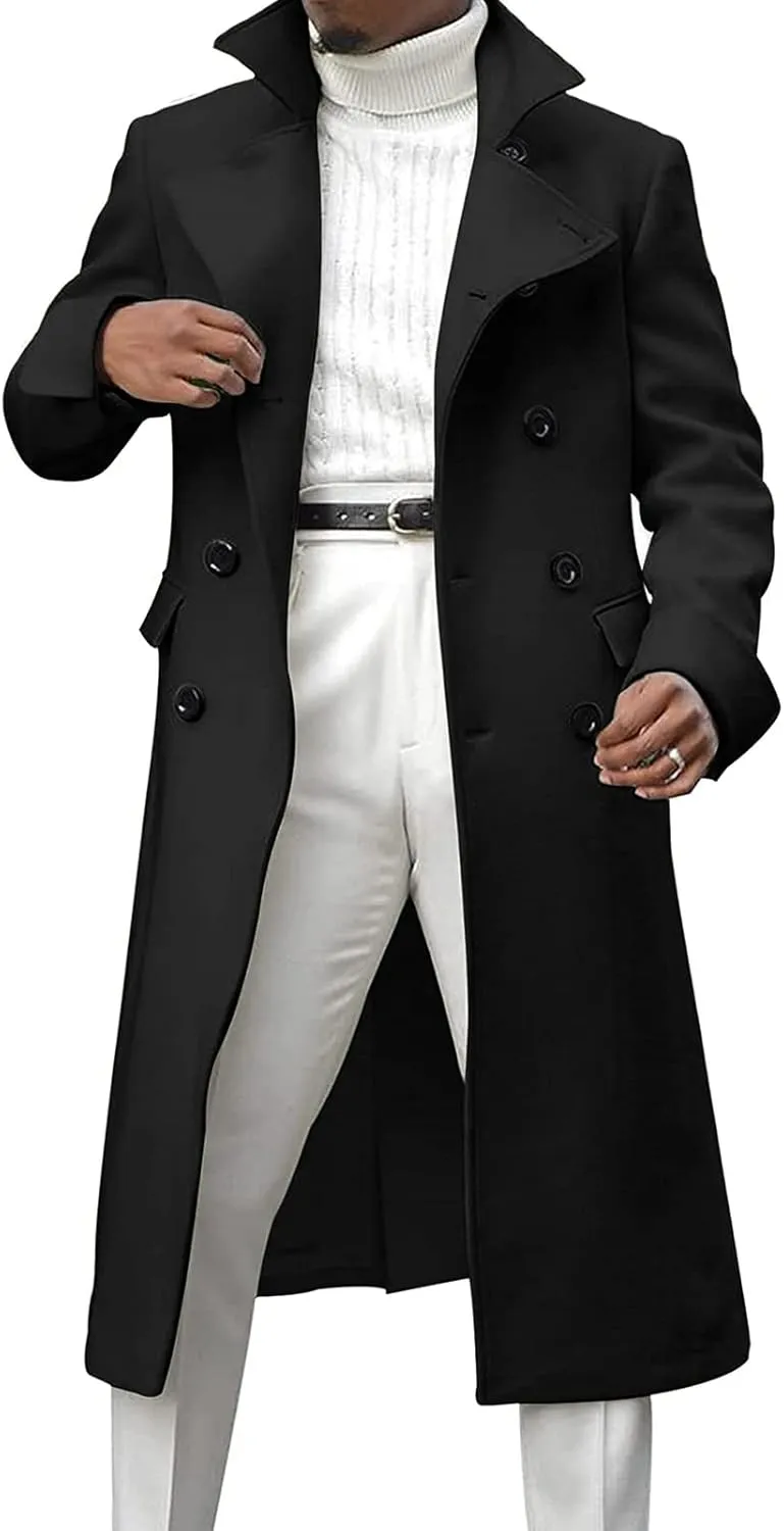 Men's Double Breasted Long Trench Coat Winter Notch Lapel Windbreaker Overcoat Casual Slim Business Pea Jacket
