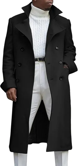 Men's Double Breasted Long Trench Coat Winter Notch Lapel Windbreaker Overcoat Casual Slim Business Pea Jacket