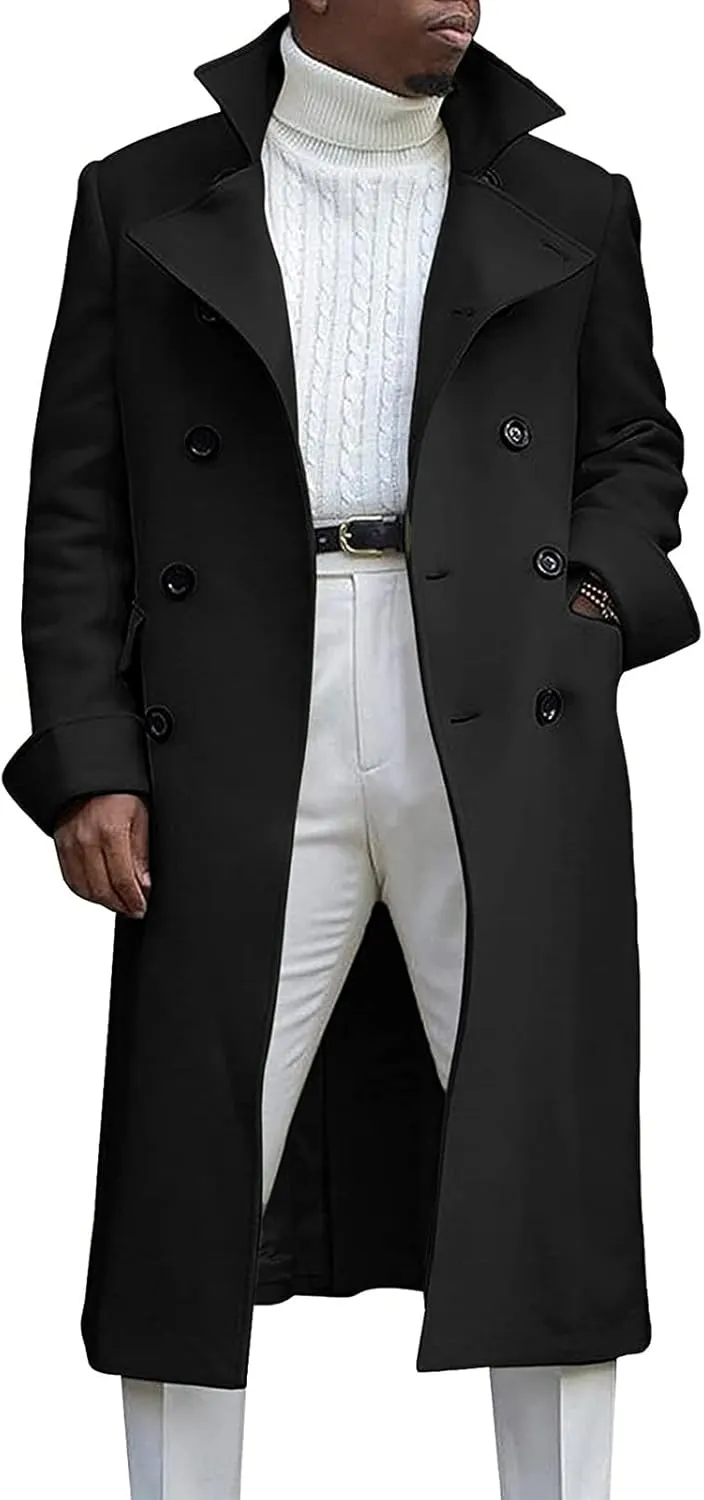 Men's Double Breasted Long Trench Coat Winter Notch Lapel Windbreaker Overcoat Casual Slim Business Pea Jacket