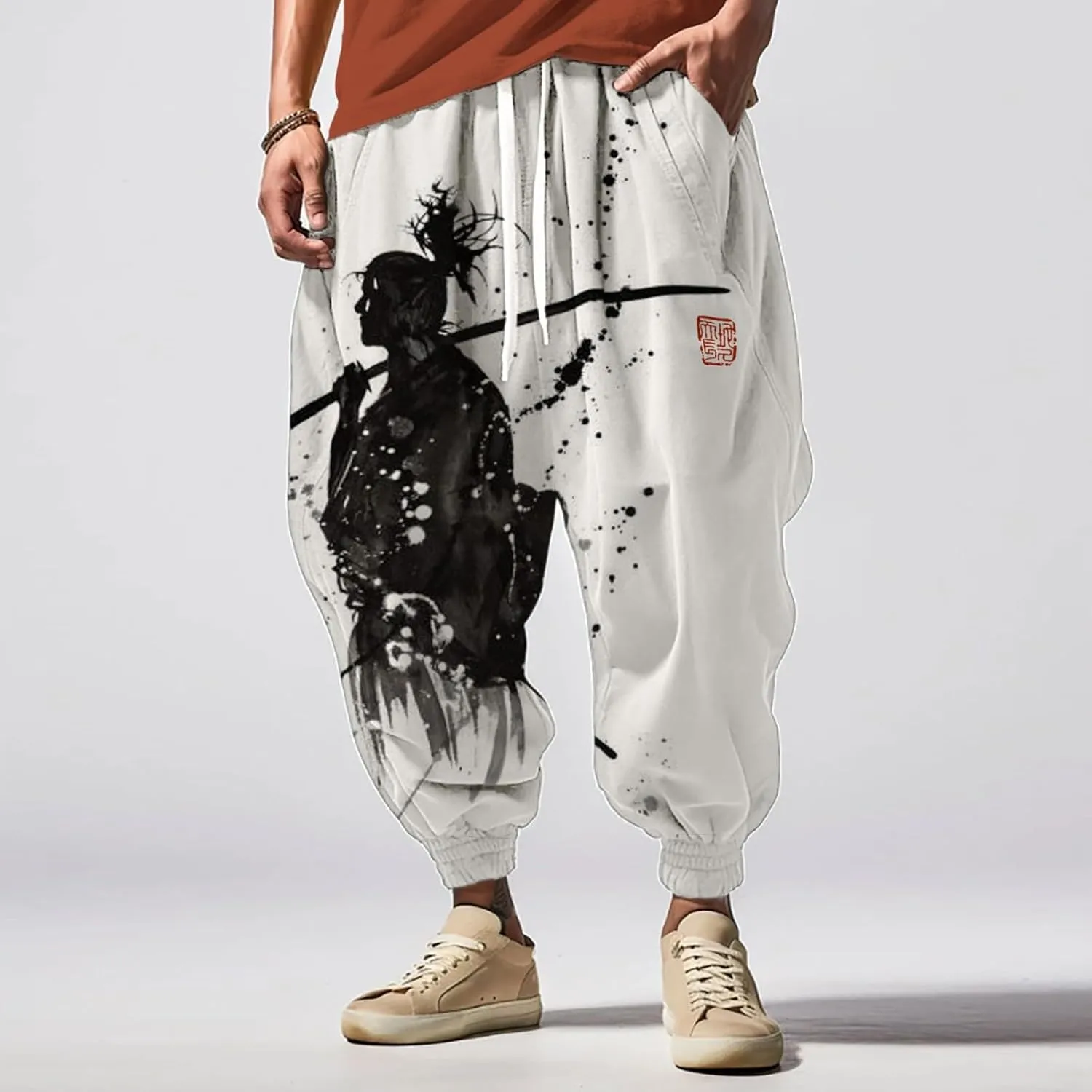 Men's Drawstring Hippie Harem Pants Men's Autumn Fun Print Fashion Street Feel Casual Sweatpants Athletic Running