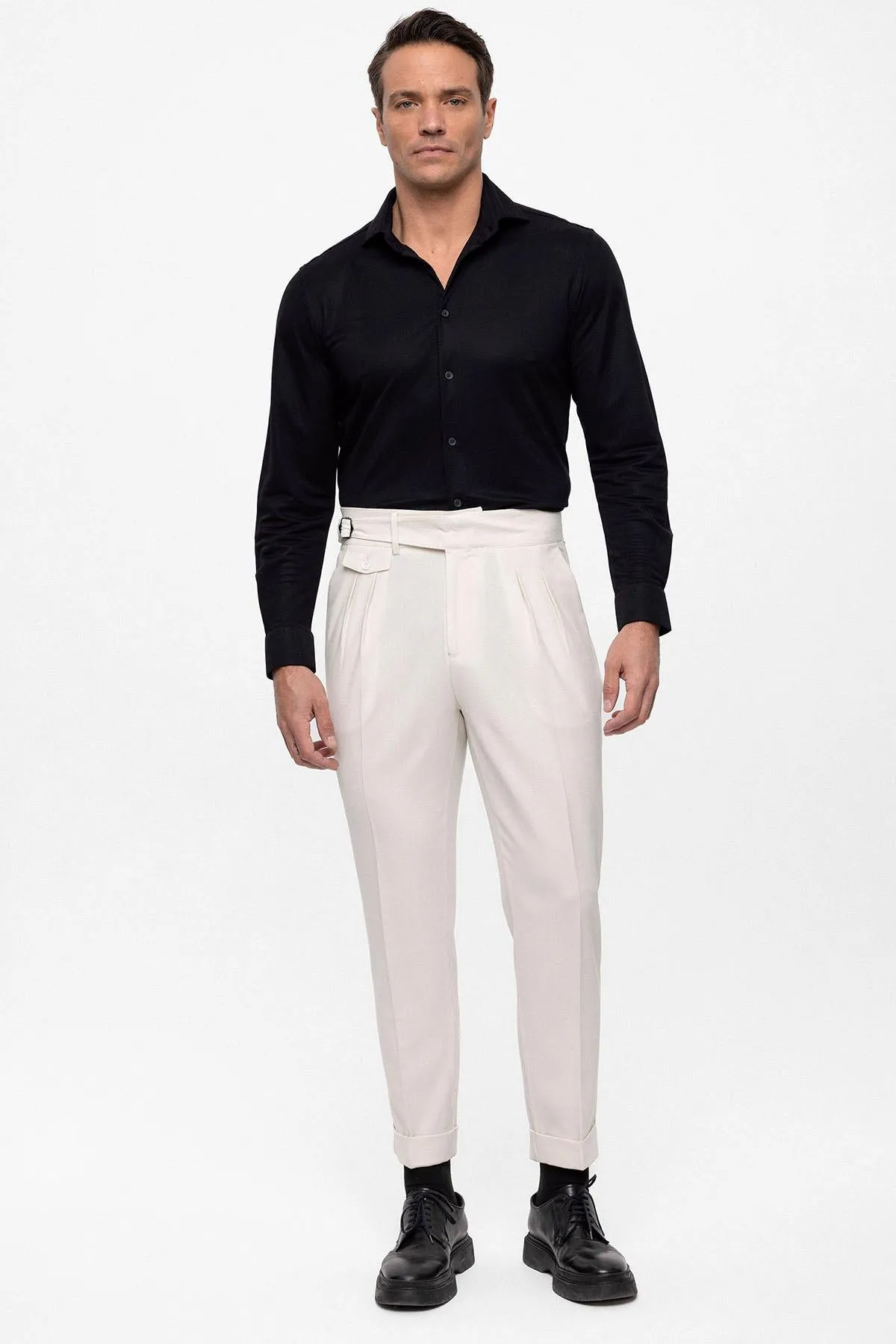 Men's Ecru High Waist (Boyfriend) Pleated Fabric Trousers With Buckle Belt - Wessi