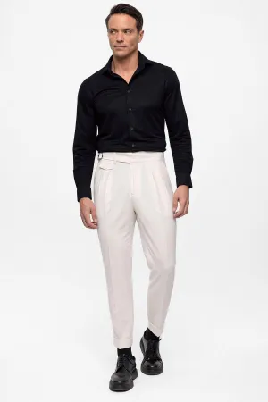 Men's Ecru High Waist (Boyfriend) Pleated Fabric Trousers With Buckle Belt - Wessi
