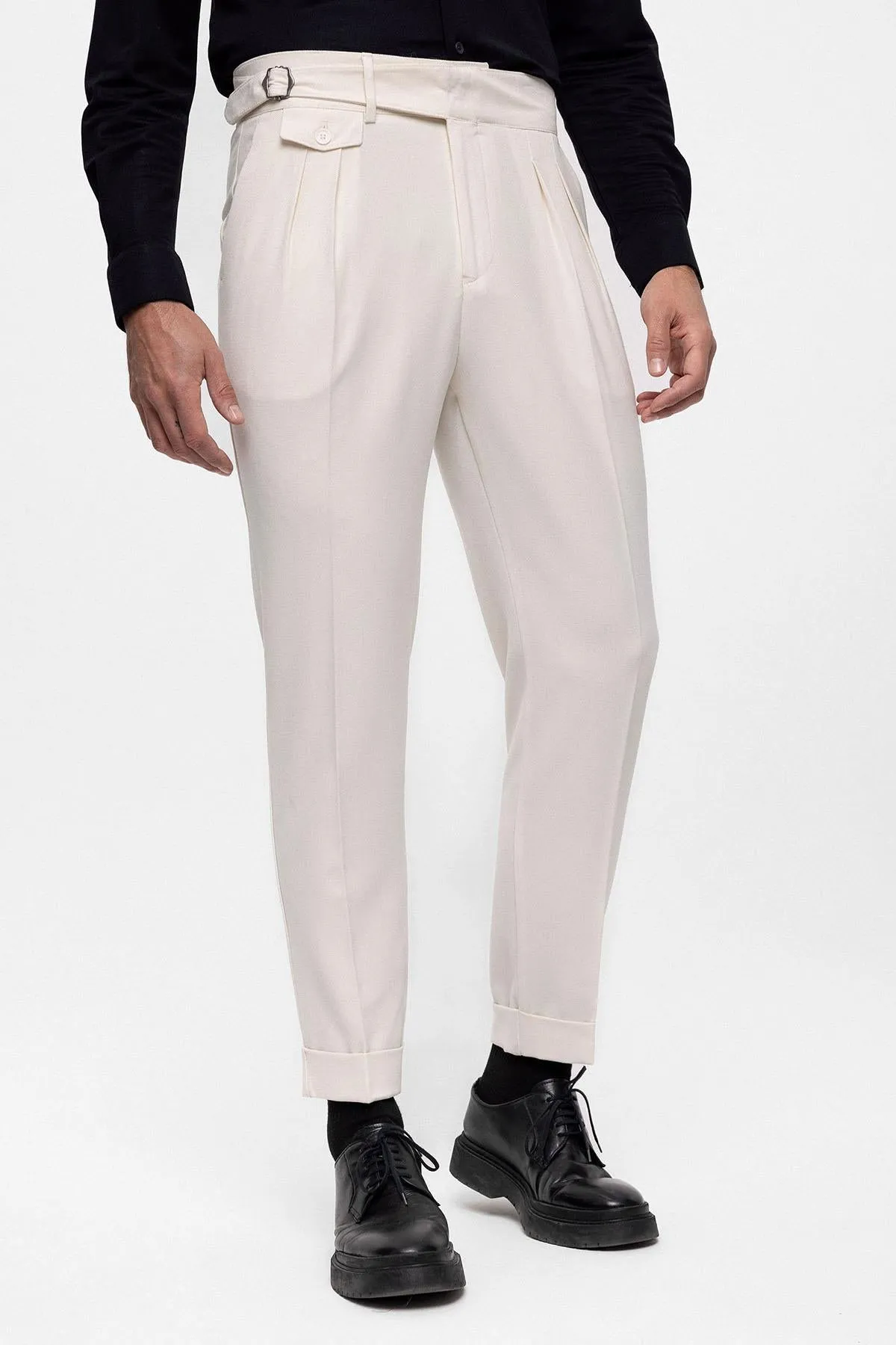 Men's Ecru High Waist (Boyfriend) Pleated Fabric Trousers With Buckle Belt - Wessi