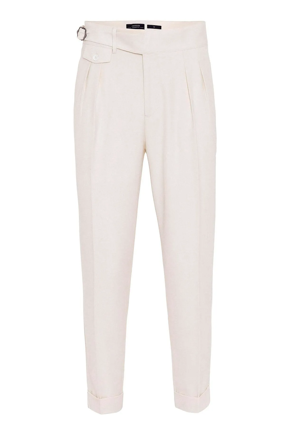 Men's Ecru High Waist (Boyfriend) Pleated Fabric Trousers With Buckle Belt - Wessi