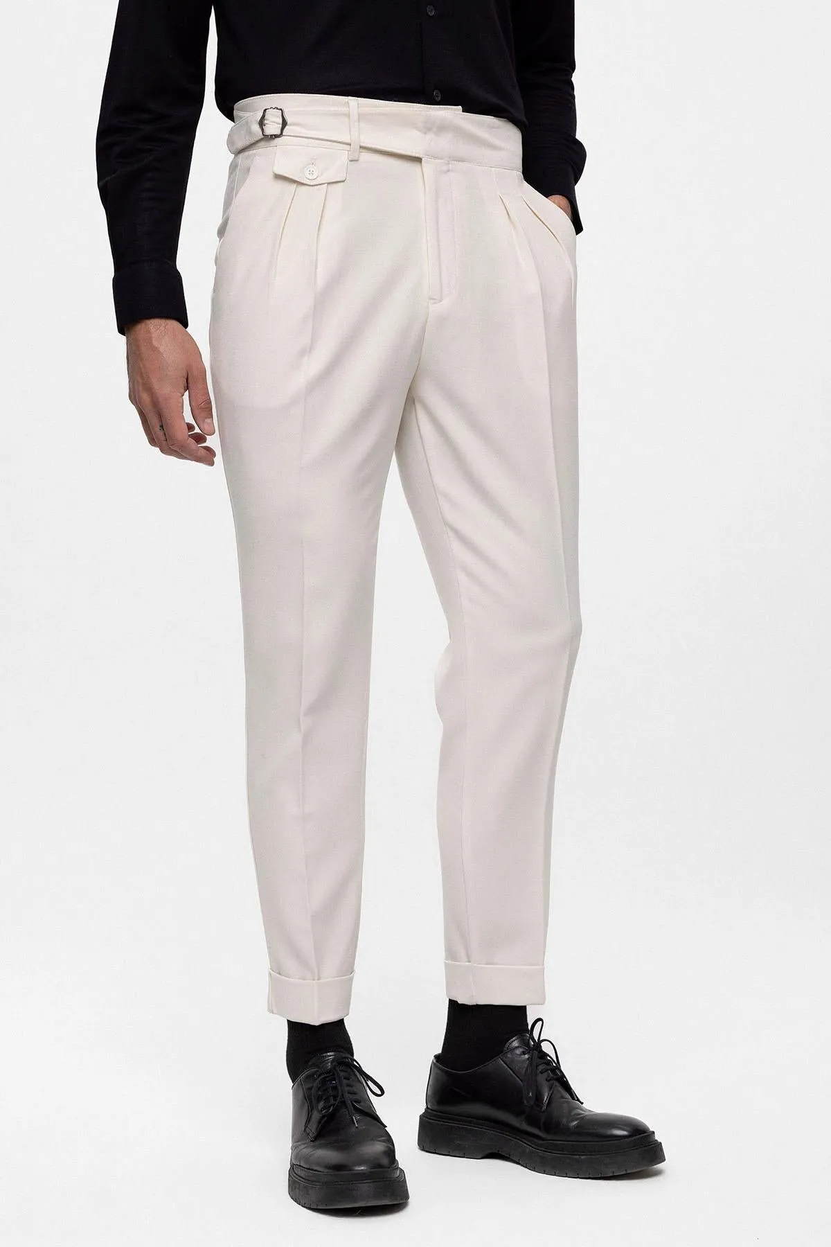 Men's Ecru High Waist (Boyfriend) Pleated Fabric Trousers With Buckle Belt - Wessi