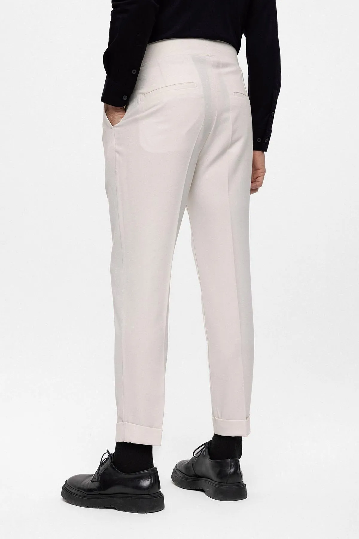 Men's Ecru High Waist (Boyfriend) Pleated Fabric Trousers With Buckle Belt - Wessi