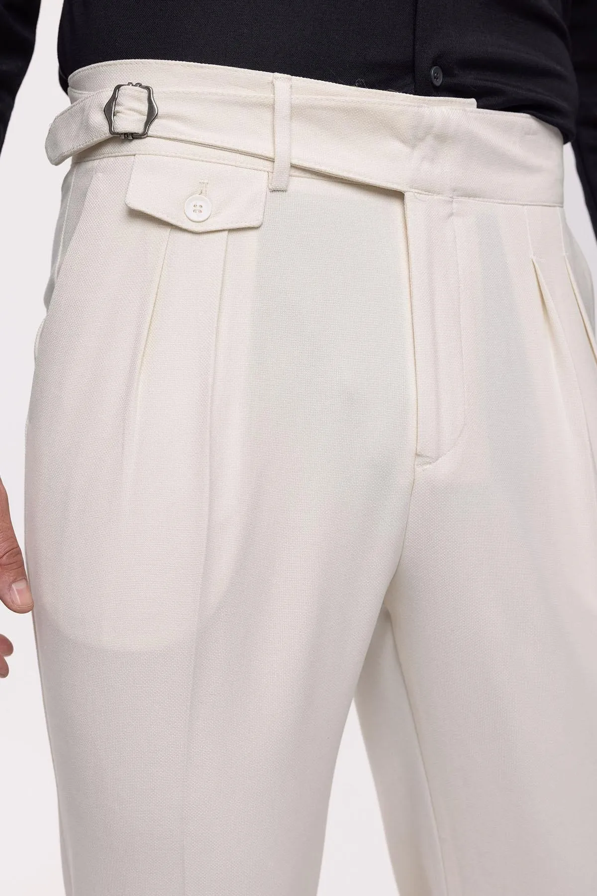 Men's Ecru High Waist (Boyfriend) Pleated Fabric Trousers With Buckle Belt - Wessi