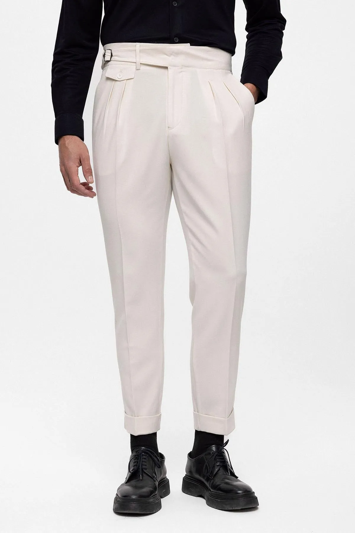 Men's Ecru High Waist (Boyfriend) Pleated Fabric Trousers With Buckle Belt - Wessi