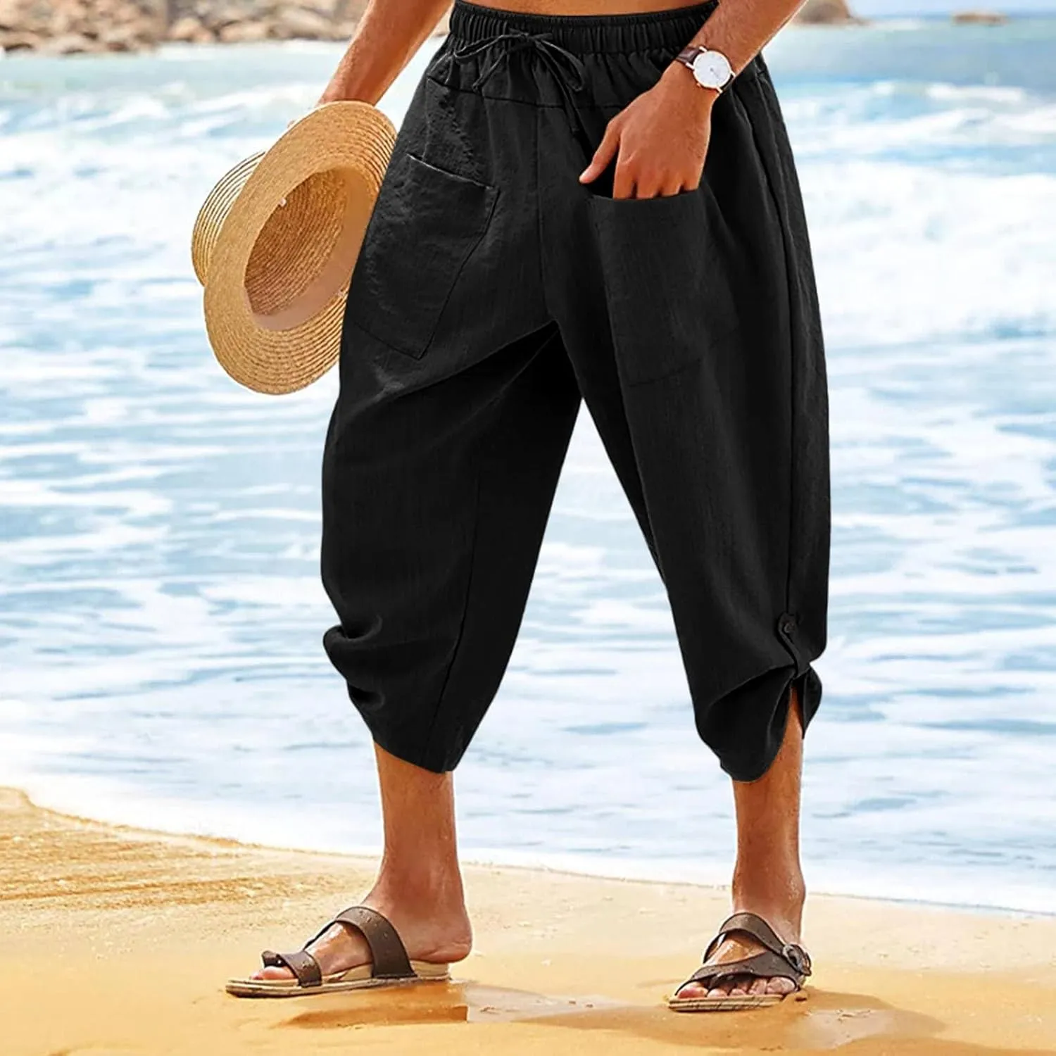 Mens Elastic High Waist Drawstring Baggy Beach Casual Pants Cotton and Linen Capri Pants Summer Outdoor Vacation Shorts 2024