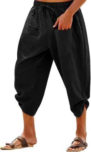 Mens Elastic High Waist Drawstring Baggy Beach Casual Pants Cotton and Linen Capri Pants Summer Outdoor Vacation Shorts 2024