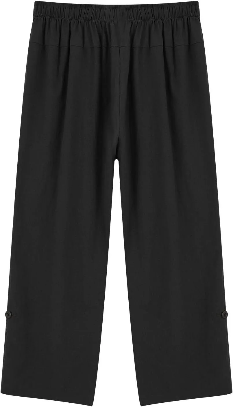 Mens Elastic High Waist Drawstring Baggy Beach Casual Pants Cotton and Linen Capri Pants Summer Outdoor Vacation Shorts 2024