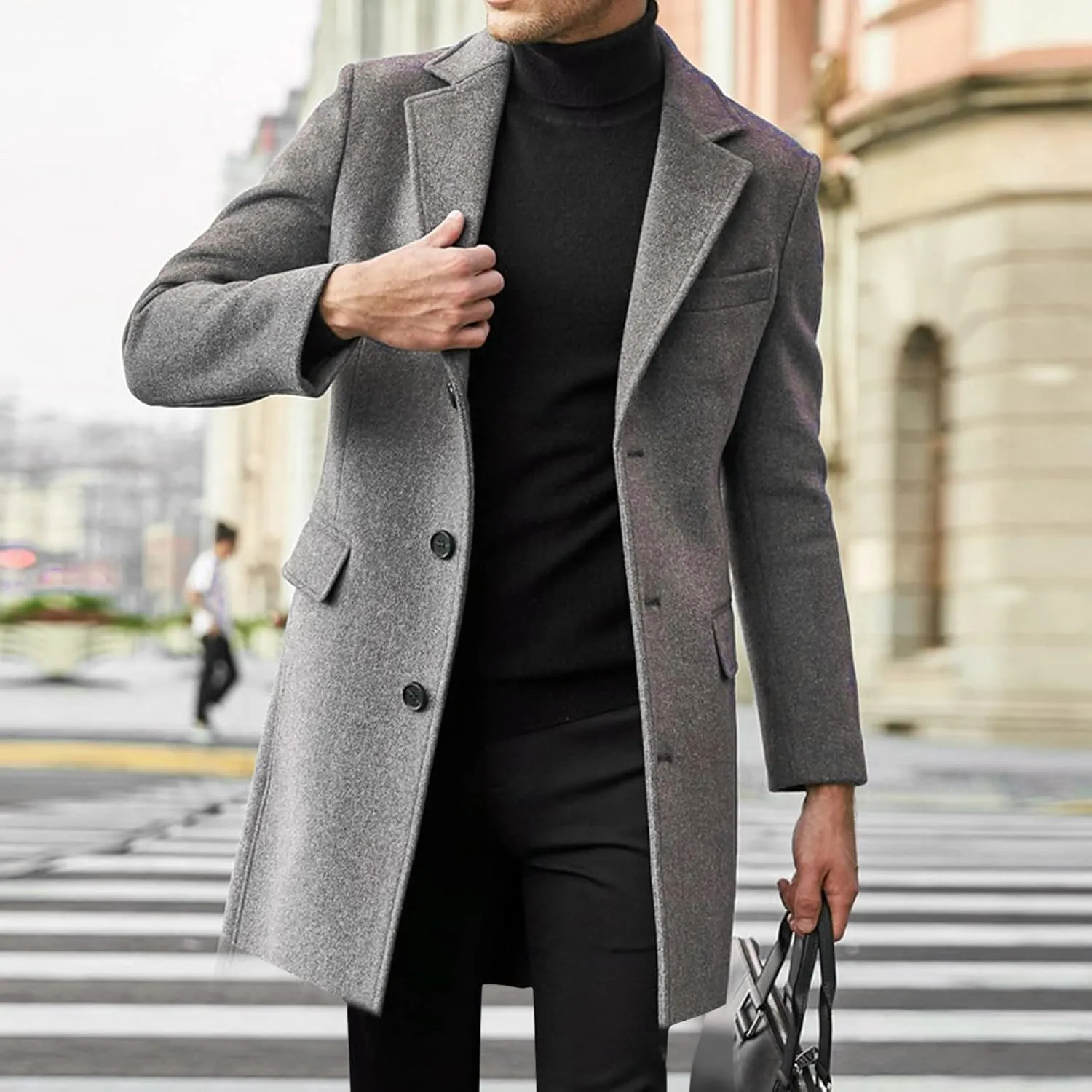 Mens Fall Winter Office Single Breasted Long Dress Wool Coat Overcoat Casual Cotton Blend Trench Coat Overcoat Jackets
