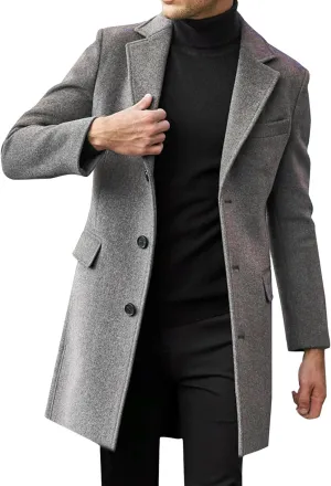Mens Fall Winter Office Single Breasted Long Dress Wool Coat Overcoat Casual Cotton Blend Trench Coat Overcoat Jackets