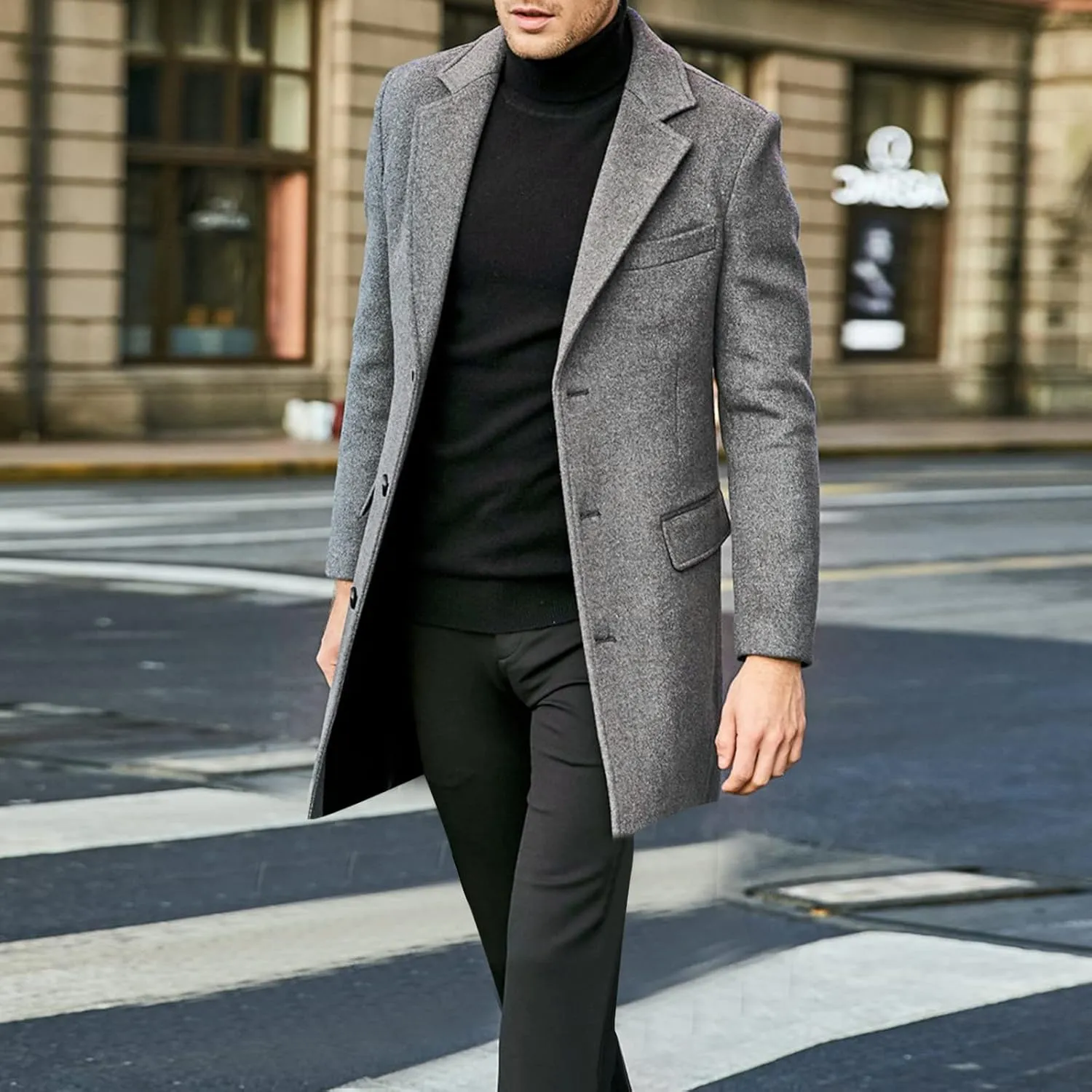 Mens Fall Winter Office Single Breasted Long Dress Wool Coat Overcoat Casual Cotton Blend Trench Coat Overcoat Jackets