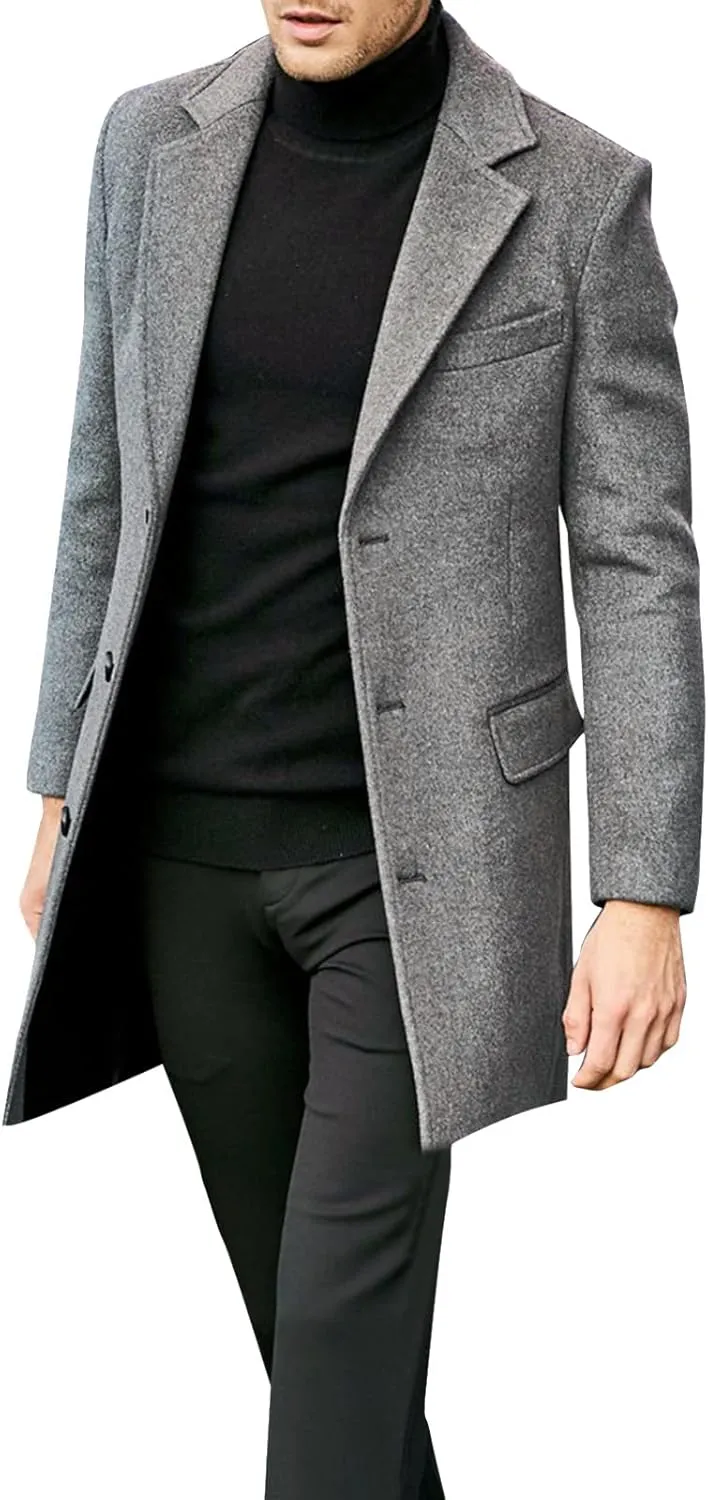 Mens Fall Winter Office Single Breasted Long Dress Wool Coat Overcoat Casual Cotton Blend Trench Coat Overcoat Jackets