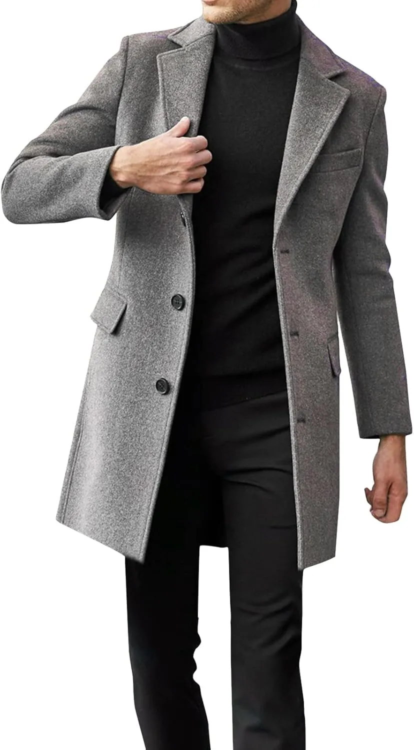 Mens Fall Winter Office Single Breasted Long Dress Wool Coat Overcoat Casual Cotton Blend Trench Coat Overcoat Jackets