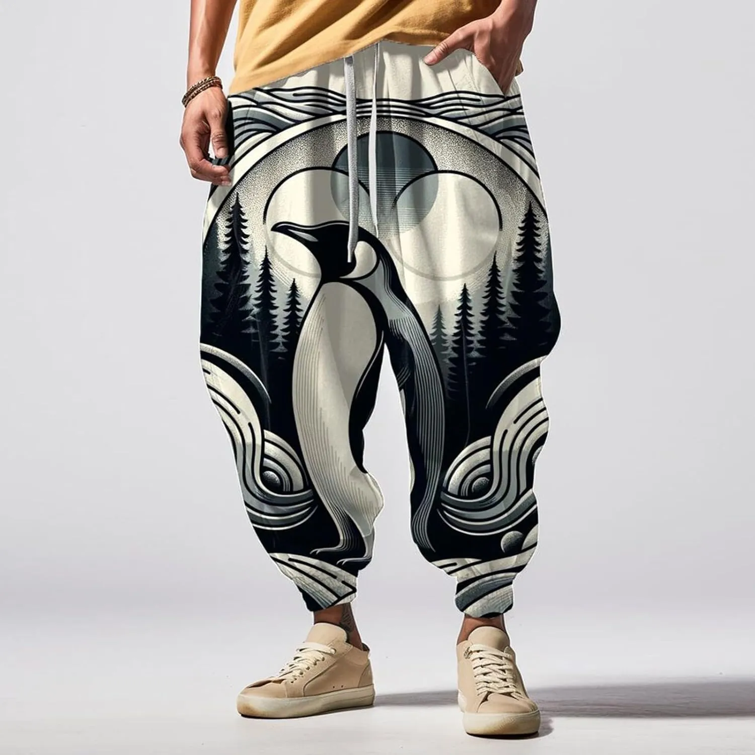 Men's Harem Drawstring Pants Men's Autumn Fun Print Fashion Street Feel Casual Sweatpants Loose Drop Crotch Trousers