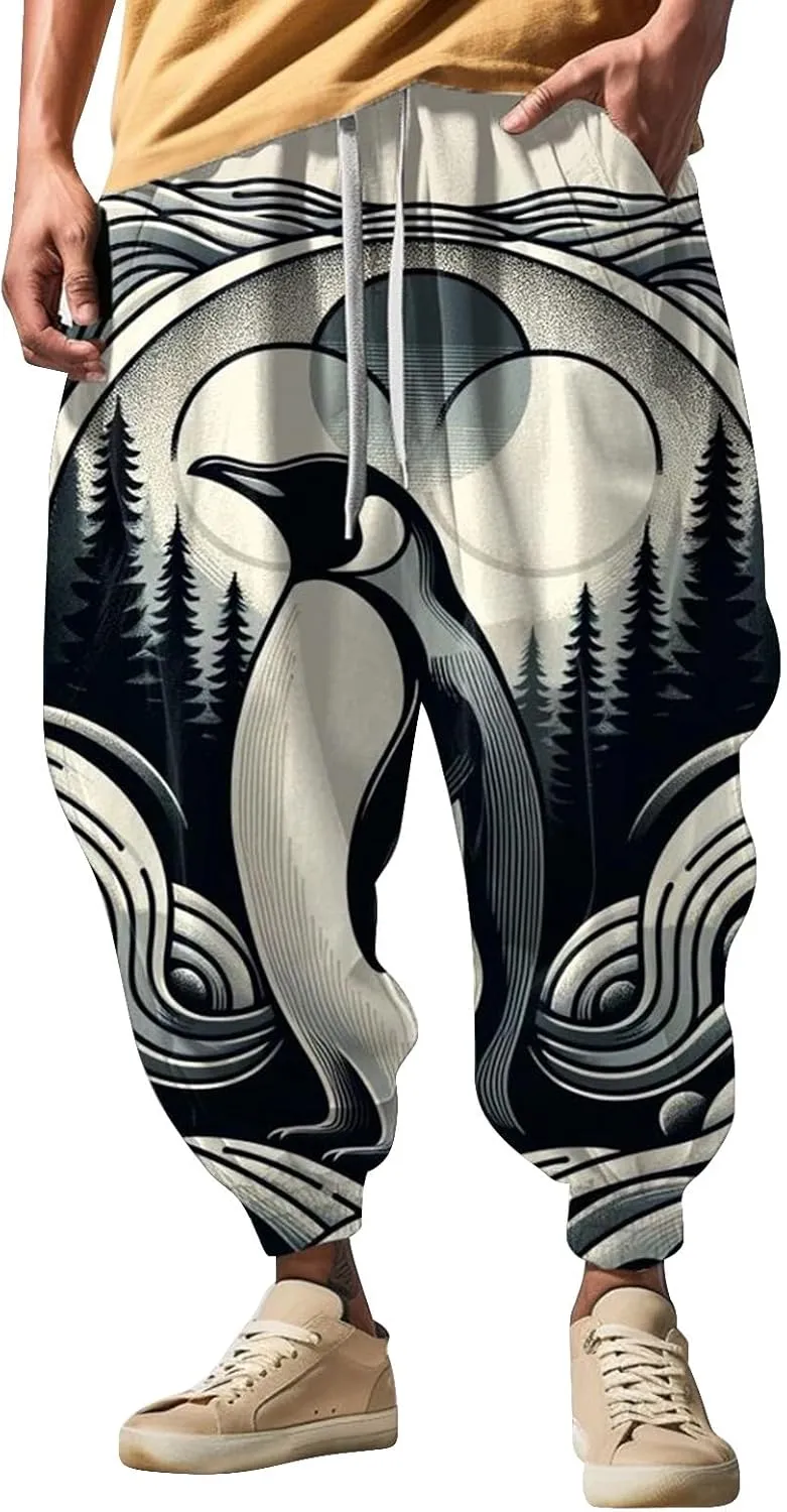 Men's Harem Drawstring Pants Men's Autumn Fun Print Fashion Street Feel Casual Sweatpants Loose Drop Crotch Trousers