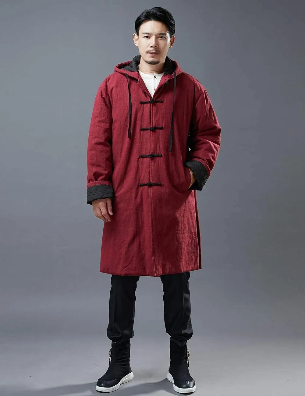 Men's Hooded Warm Winter Thicken Cotton Padded Jacket Linen Parka Coat Long Trench Windbreakers