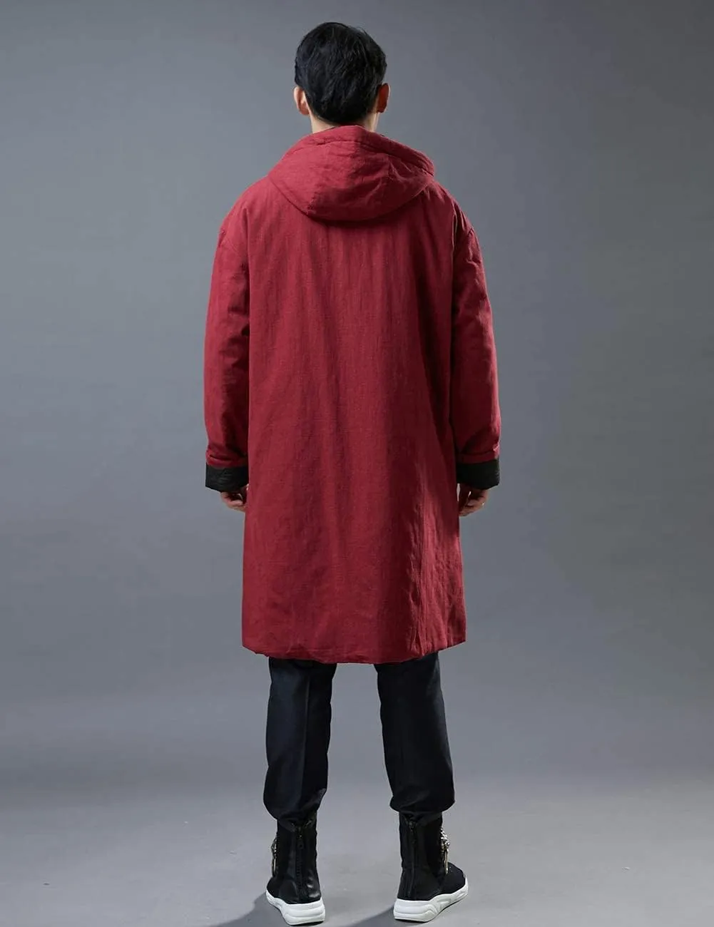 Men's Hooded Warm Winter Thicken Cotton Padded Jacket Linen Parka Coat Long Trench Windbreakers
