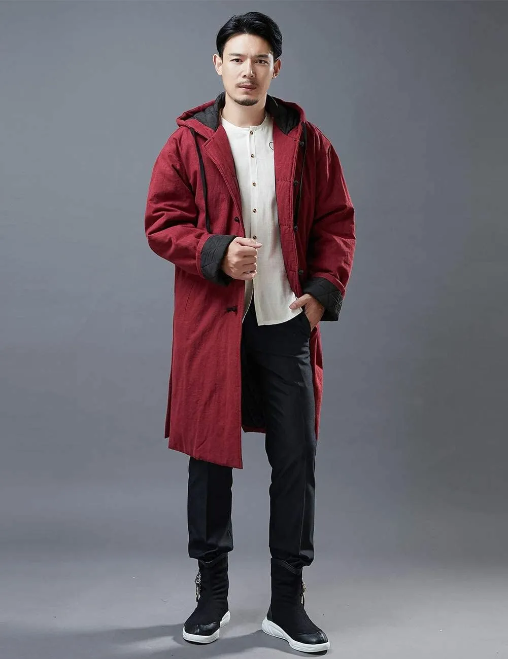 Men's Hooded Warm Winter Thicken Cotton Padded Jacket Linen Parka Coat Long Trench Windbreakers
