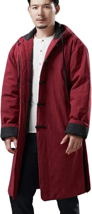 Men's Hooded Warm Winter Thicken Cotton Padded Jacket Linen Parka Coat Long Trench Windbreakers