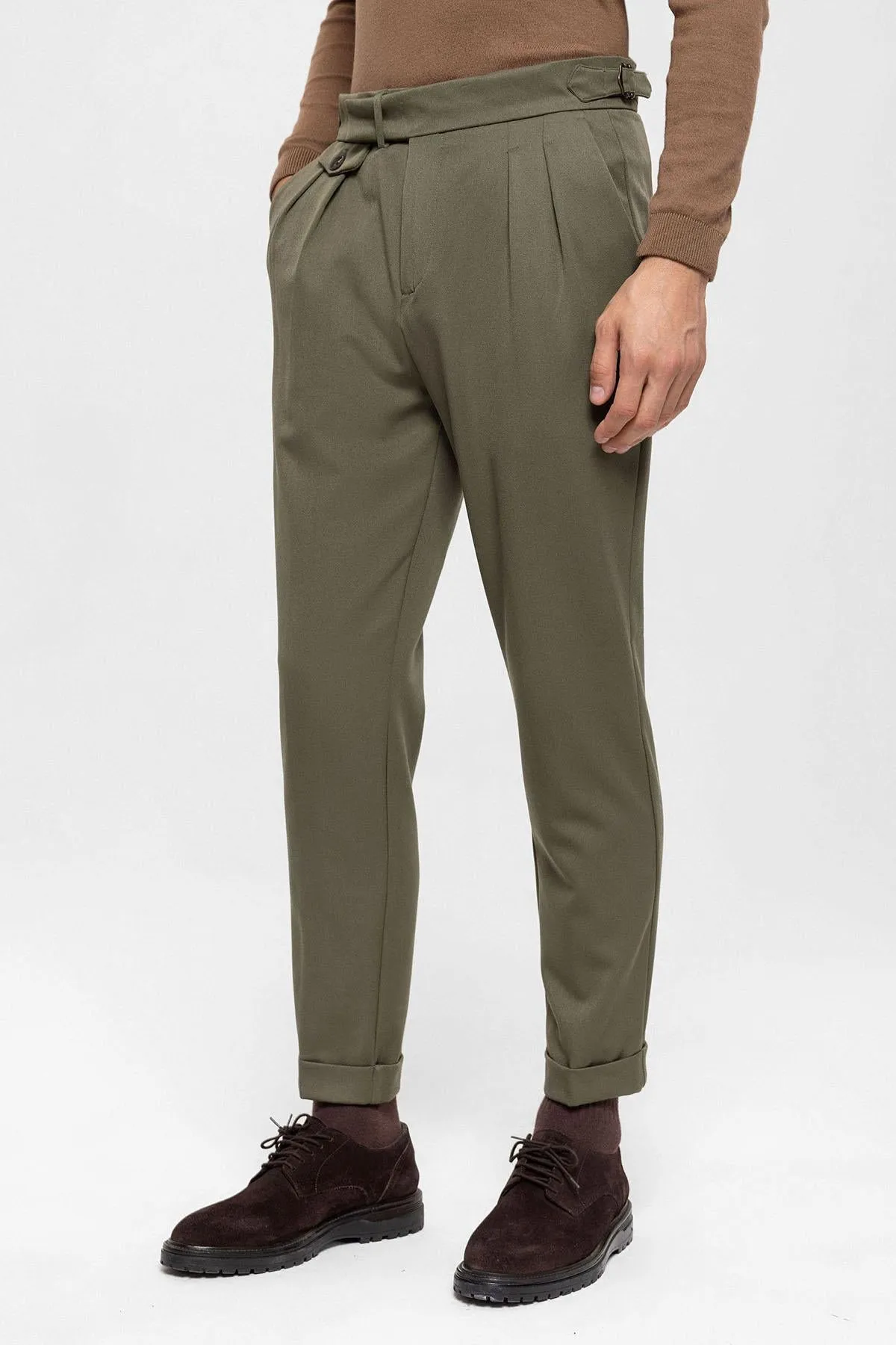 Men's Khaki High Waist Pleated  Trousers - Wessi
