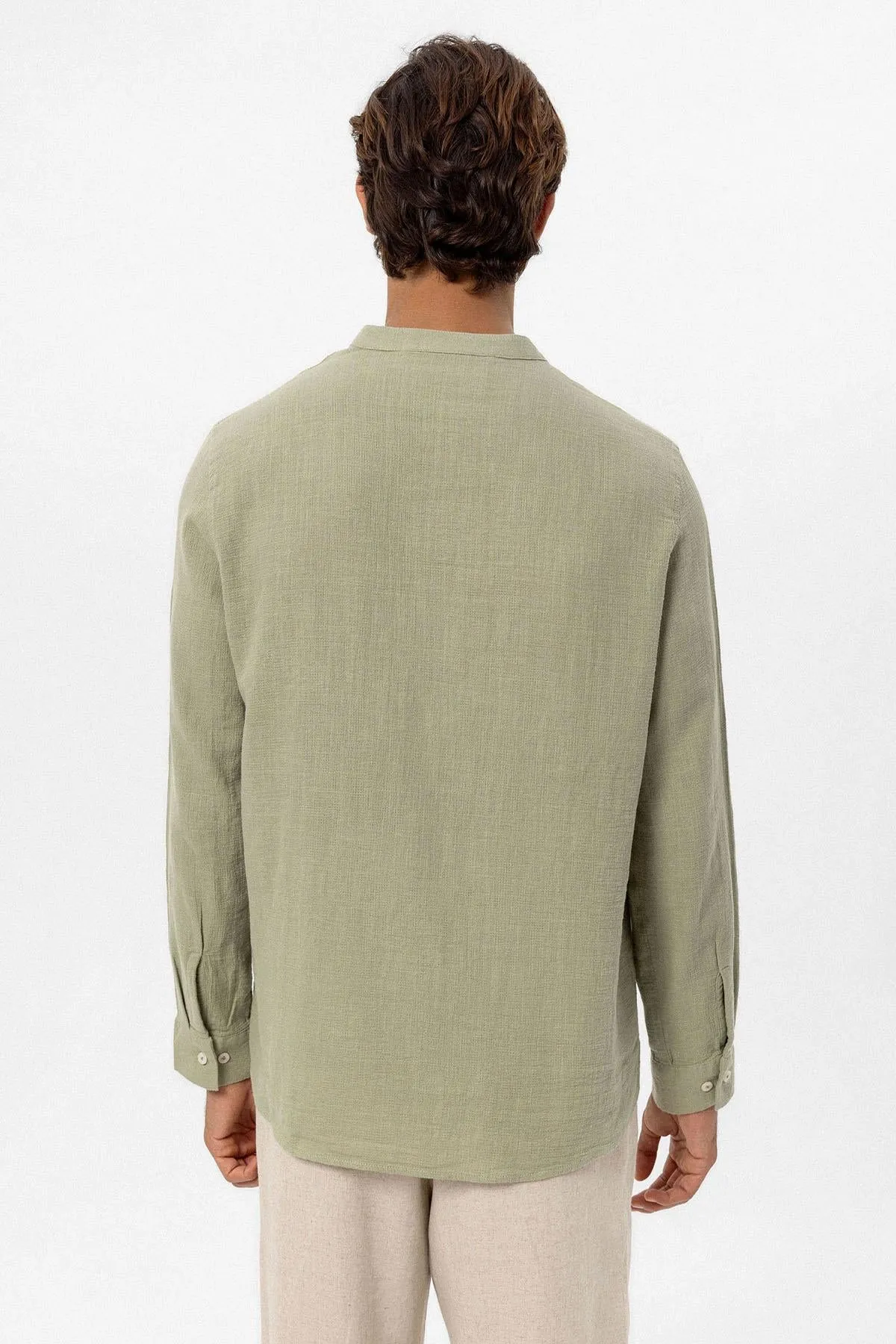 Men's Khaki Mandarin Collar Woven Shirt - Wessi
