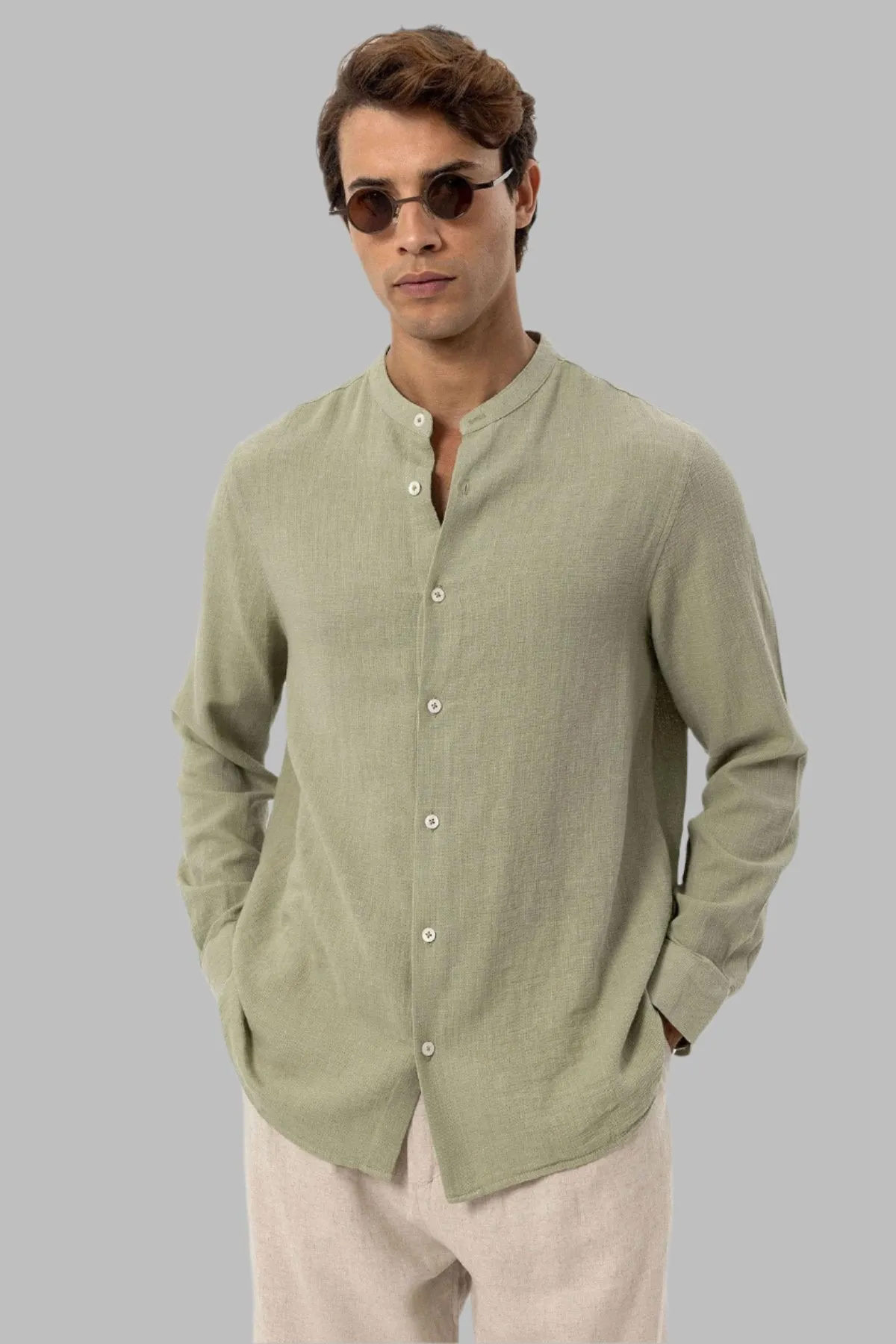 Men's Khaki Mandarin Collar Woven Shirt - Wessi