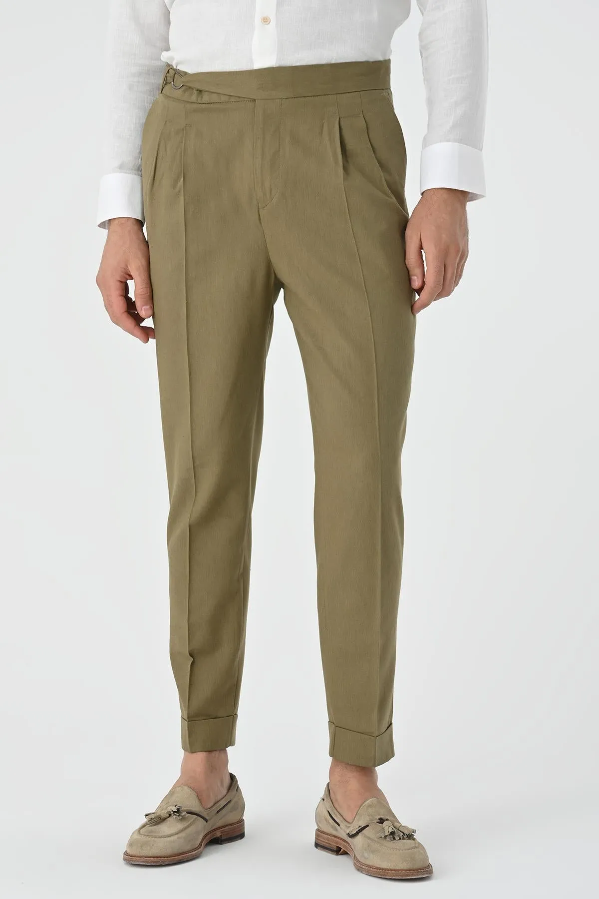 Men's Light Khaki High-Waist Linen Blend Pleated Pants - Wessi