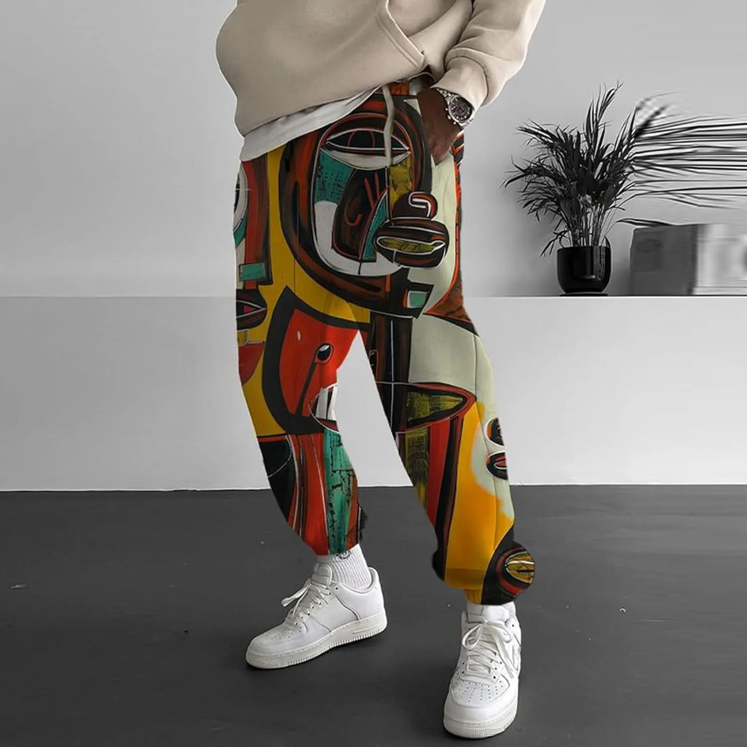 Men's Linen Harem Drawstring Pants Men's Autumn Fun Print Fashion Street Feel Casual Hiking Outdoor Twill Track