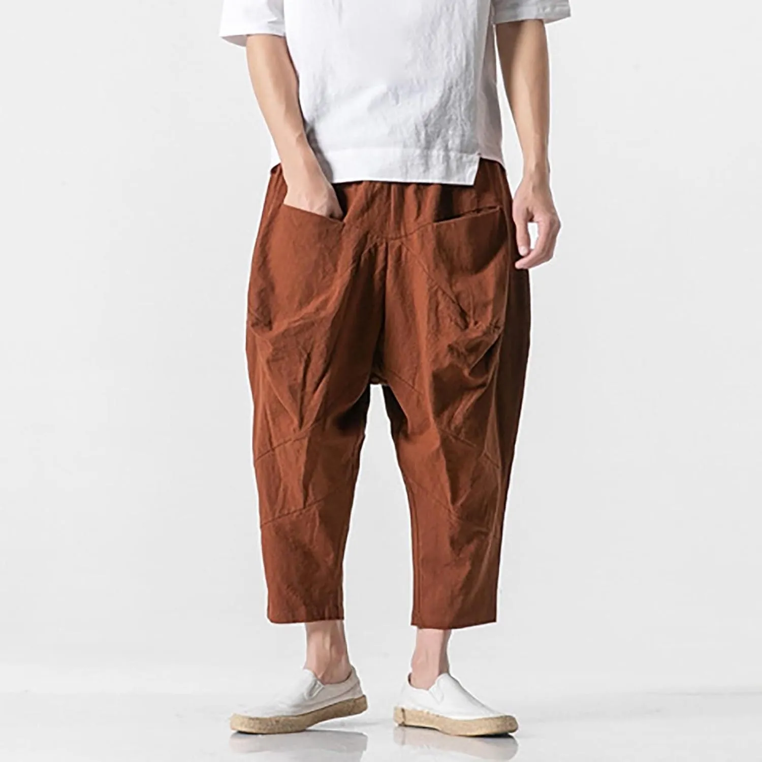 Mens Linen Open Bottom Corpped Pants Wide Leg Breathable Casual Trousers with Front Pockets Summer Beach Hippie Harem Pant