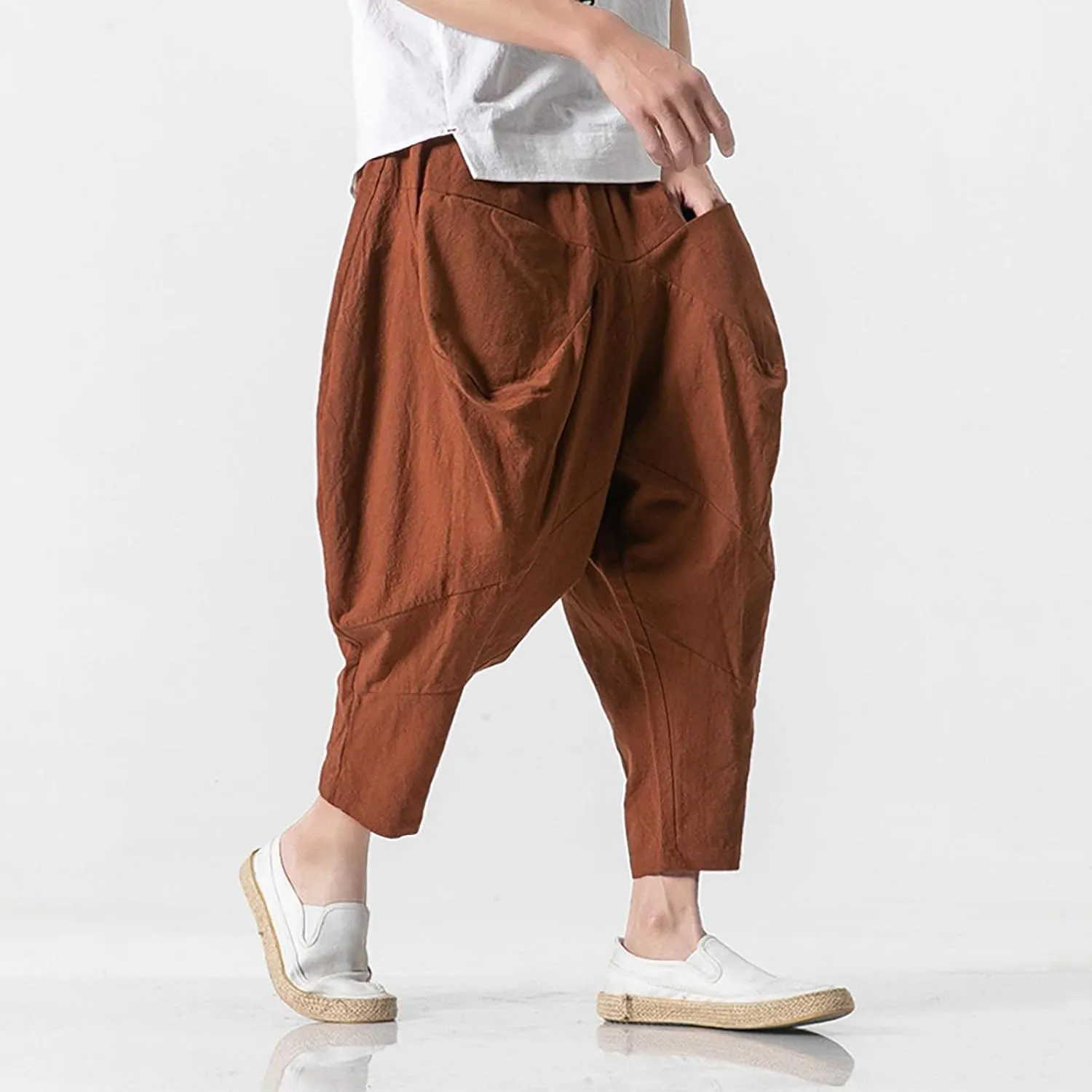 Mens Linen Open Bottom Corpped Pants Wide Leg Breathable Casual Trousers with Front Pockets Summer Beach Hippie Harem Pant