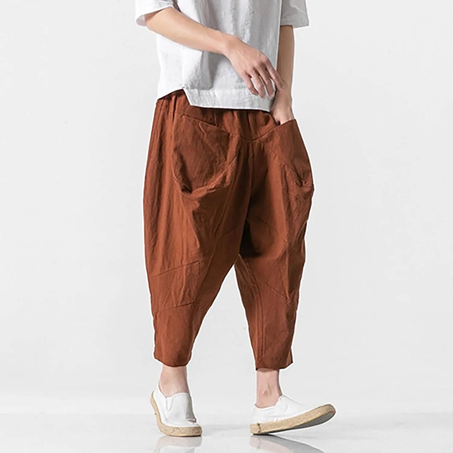 Mens Linen Open Bottom Corpped Pants Wide Leg Breathable Casual Trousers with Front Pockets Summer Beach Hippie Harem Pant
