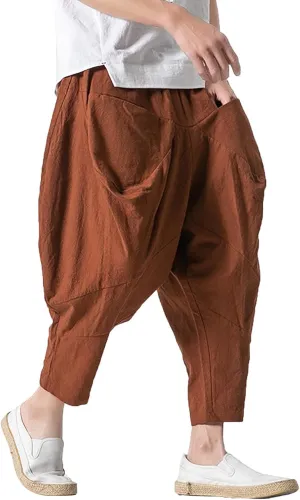 Mens Linen Open Bottom Corpped Pants Wide Leg Breathable Casual Trousers with Front Pockets Summer Beach Hippie Harem Pant