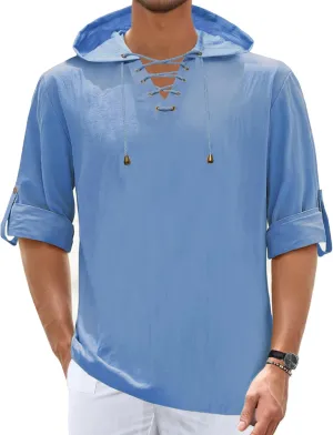 Mens Linen Shirts Long Roll-Up Sleeve Lace Up Summer Beach Top Hippie Renaissance Pirate Costume Tunic with Hood