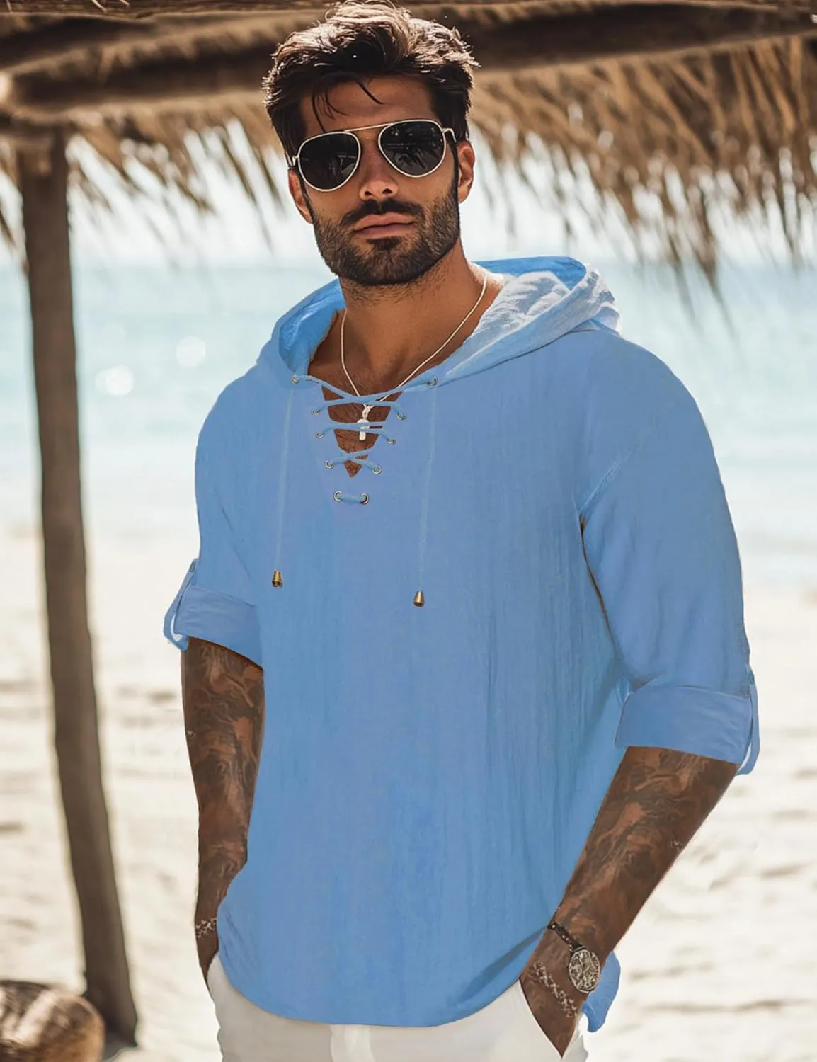 Mens Linen Shirts Long Roll-Up Sleeve Lace Up Summer Beach Top Hippie Renaissance Pirate Costume Tunic with Hood