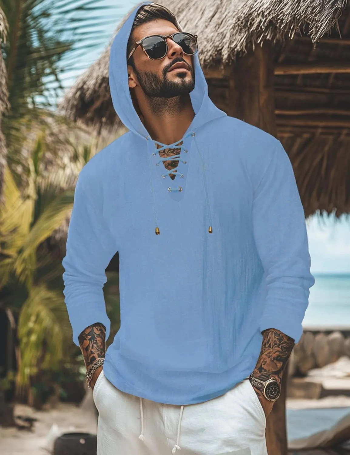 Mens Linen Shirts Long Roll-Up Sleeve Lace Up Summer Beach Top Hippie Renaissance Pirate Costume Tunic with Hood