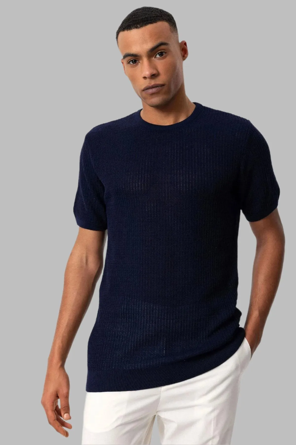 Men's Navy Blue Crew Neck Knit T-Shirt - Wessi