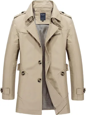 Mens Pea Coat Slim Notched Collar Single Breasted Cotton Jacket Mid Long Trench Coat Business Overcoat with Buttons