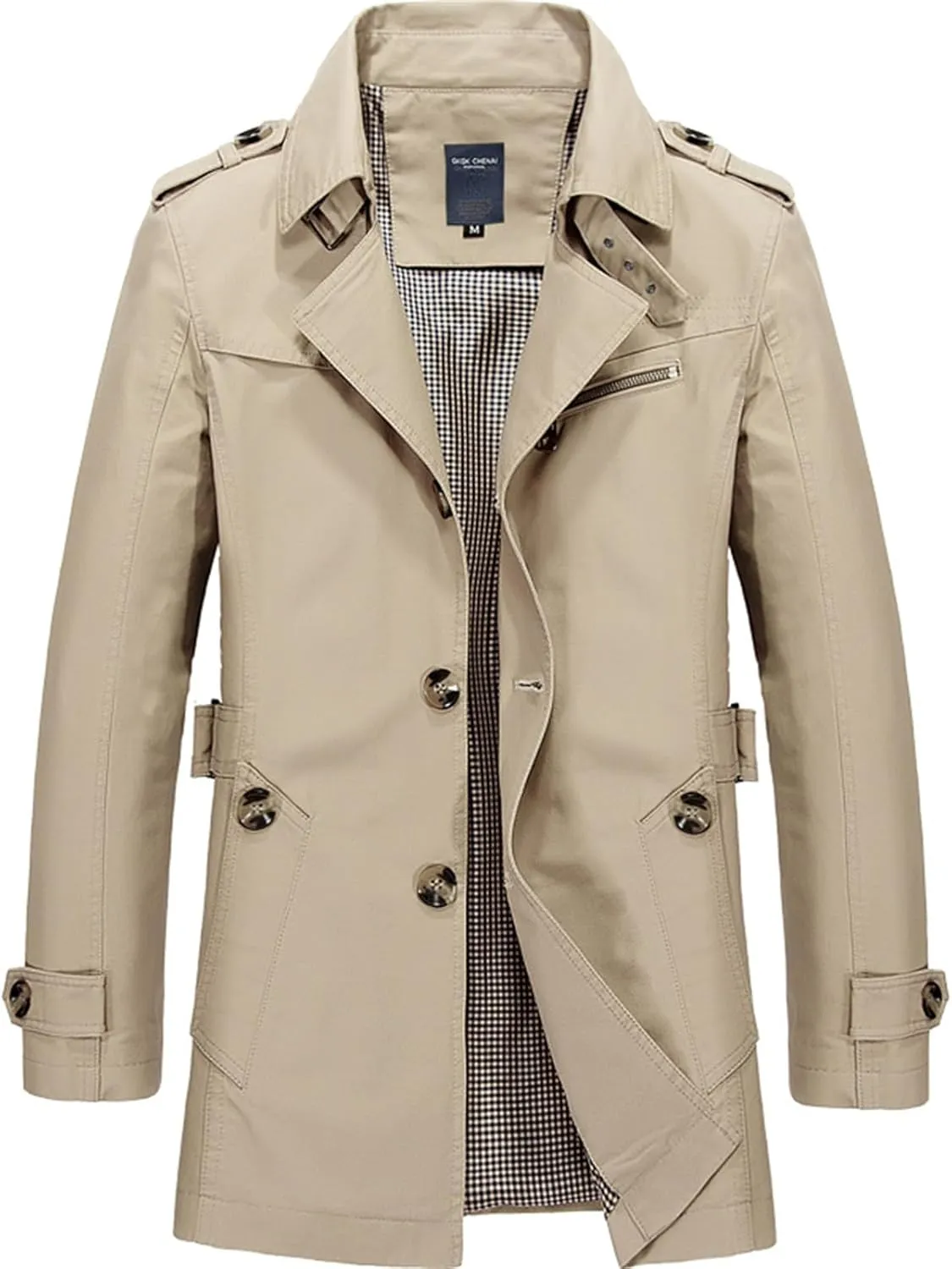 Mens Pea Coat Slim Notched Collar Single Breasted Cotton Jacket Mid Long Trench Coat Business Overcoat with Buttons
